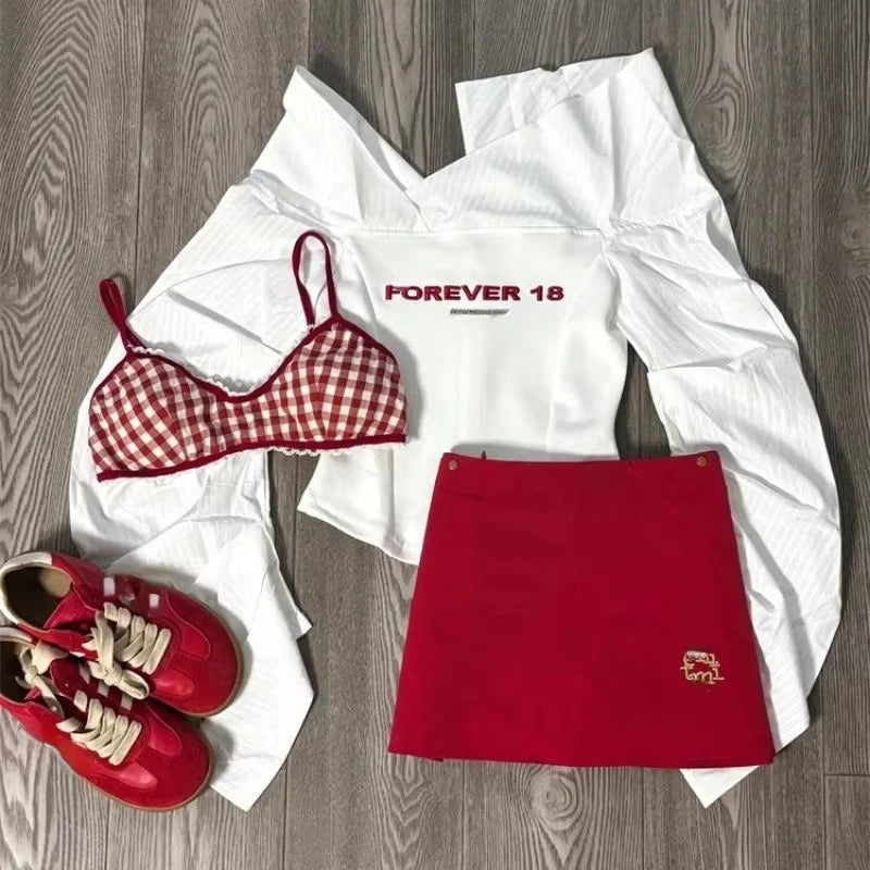 Conjunto de Top Elástico de Cuadros con Escote de Pico y Pantalones Cortos Informales con Lazo