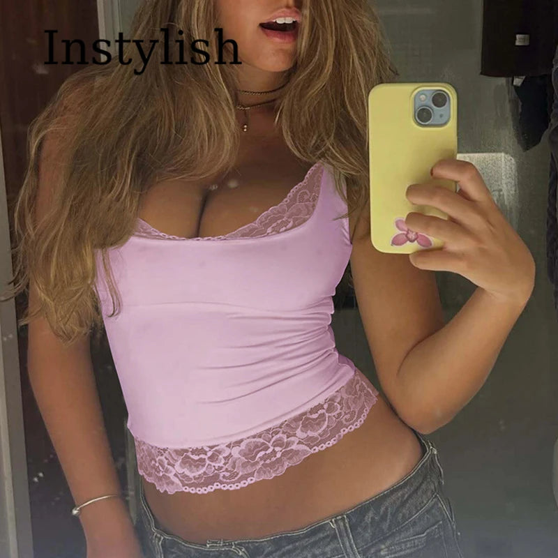 Top corto sin mangas con cuello cuadrado, sin espalda, de encaje con volantes y retazos, sexy y2k a la moda para mujer, ideal para fiestas, vacaciones y verano.