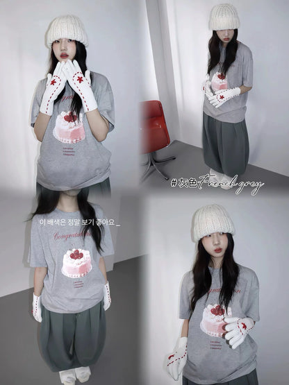 Cherry Cream Cake Print Casual short-sleeved T-shirt