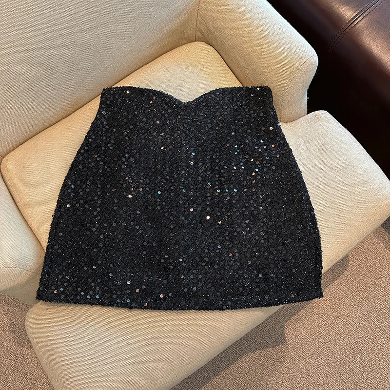 High Waist Wrapped Hip Short Sequins Skirt