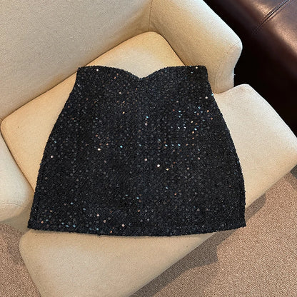 High Waist Wrapped Hip Short Sequins Skirt