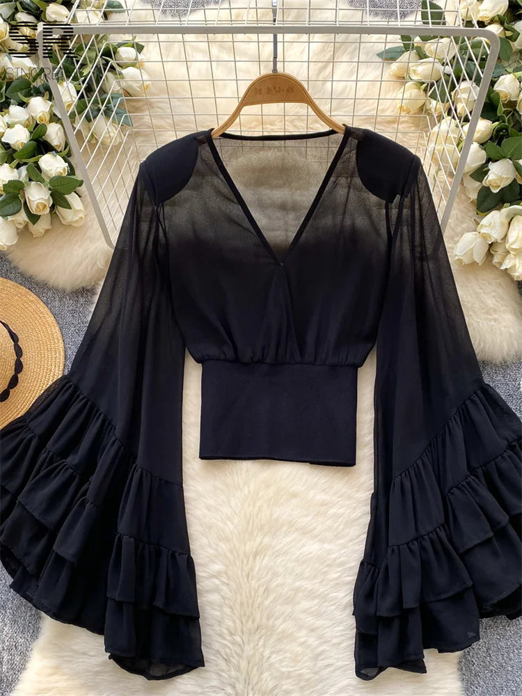SINGREINY Blusa de lujo con estampado de verano para mujer, manga acampanada, cuello en V, blusas elegantes, ropa de calle, moda para mujer, tops versátiles de vacaciones con estilo Ins