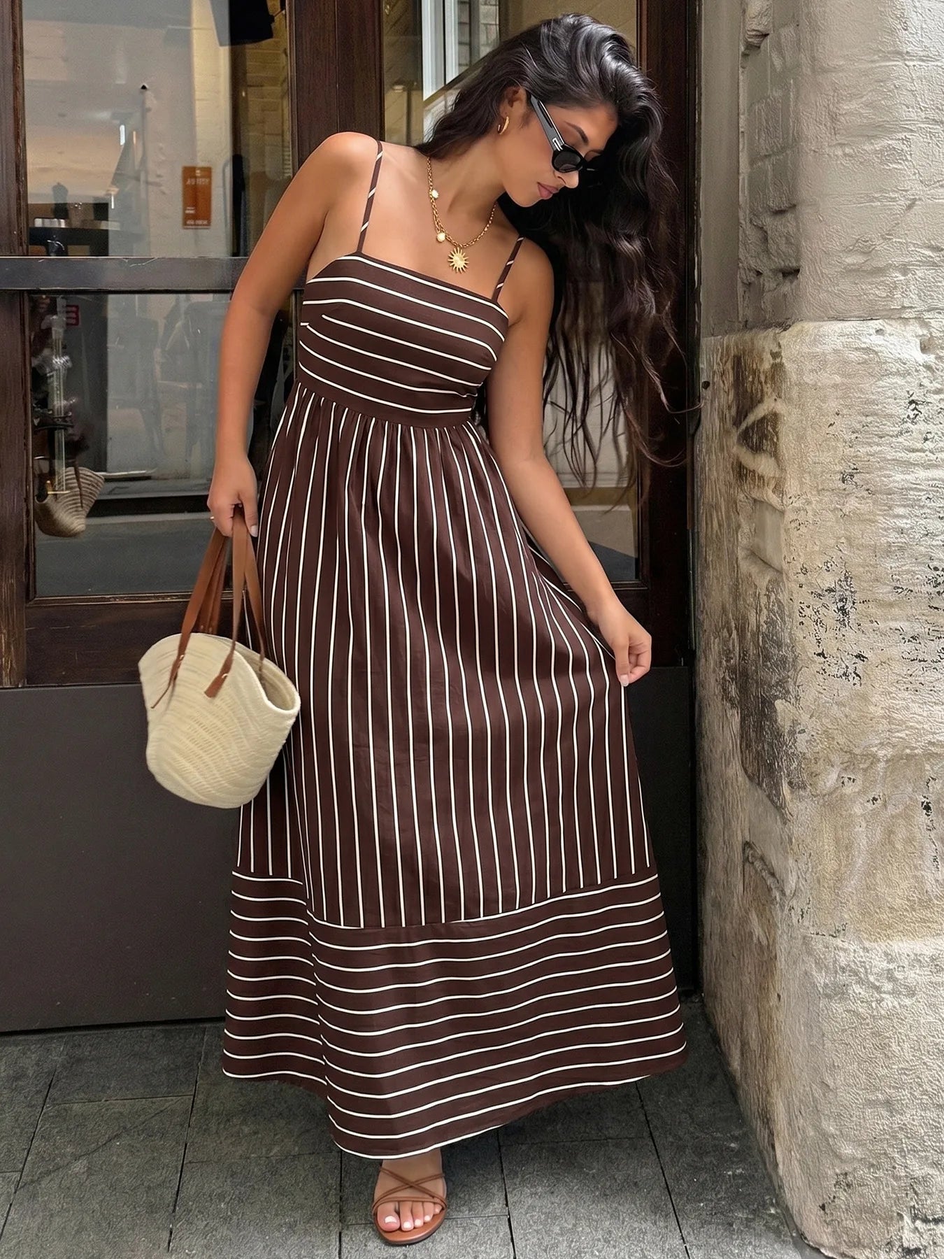 Striped Backless Loose Beach Dress