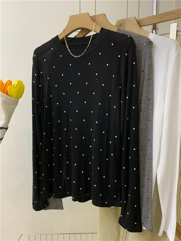 Minimalist round Neck Polka Dot Long Sleeve T-shirt