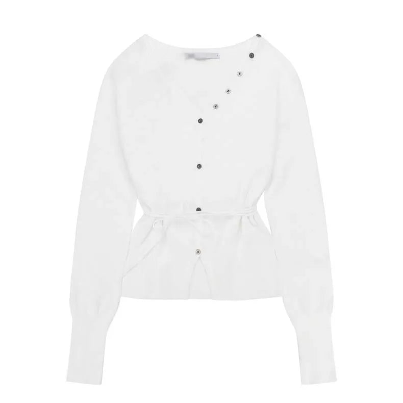 Slouchy V-neck Split hem Strappy design Knit top