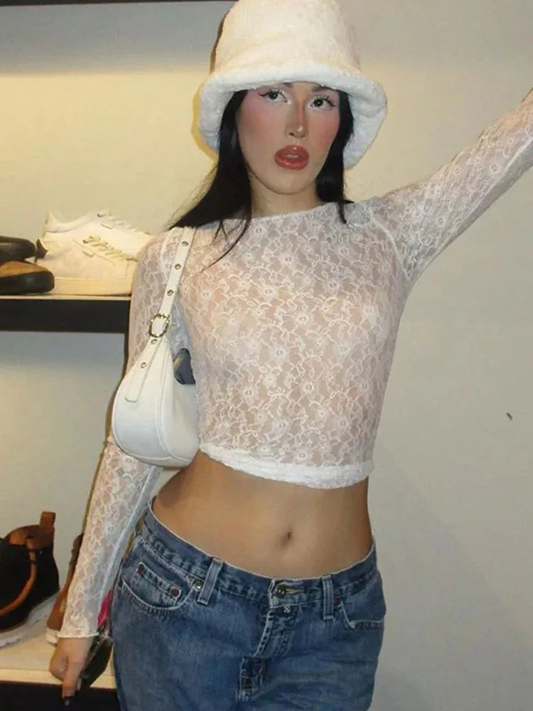 Long Sleeve See through Lace Crop Top