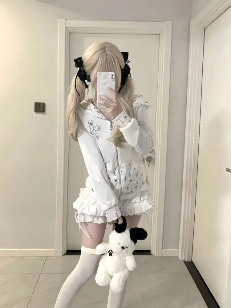 Sudadera de manga larga con capucha de orejas de conejo y encaje + Falda de pastel de cintura alta
