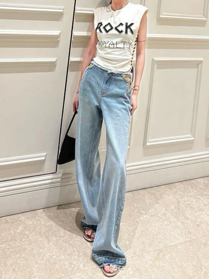 ReddaChic Crystal Embellished Wide Leg Jeans