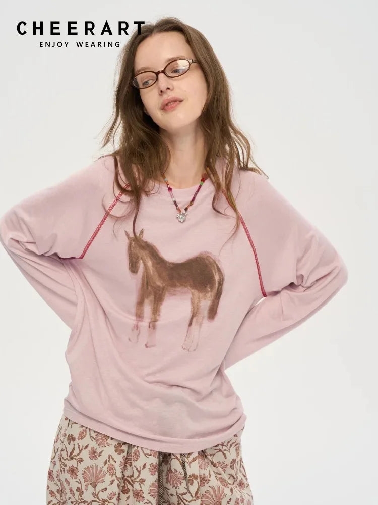 Horse Print Pink Long Sleeve Top