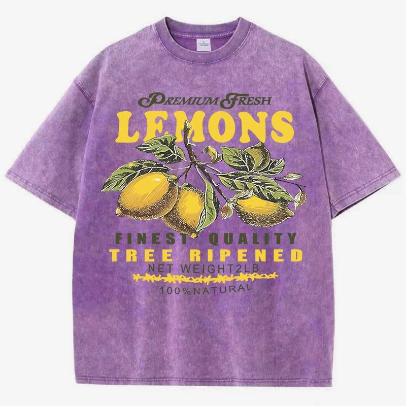 Camisetas lavadas de talla grande con estampado de limones frescos de primera calidad para mujer, camiseta holgada de manga corta cómoda Y2K de algodón que combina con todo