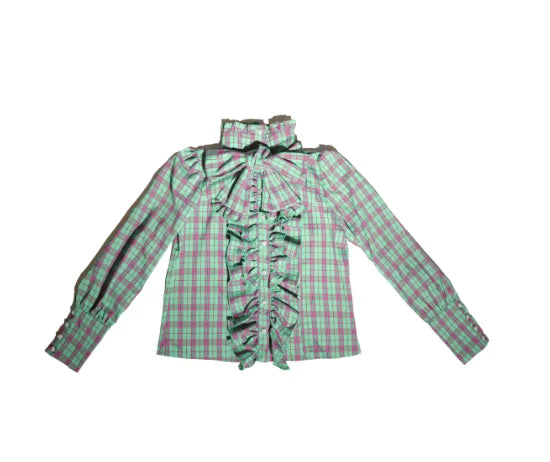 Conjunto de camisa a cuadros de manga larga con lazo y falda de cintura alta