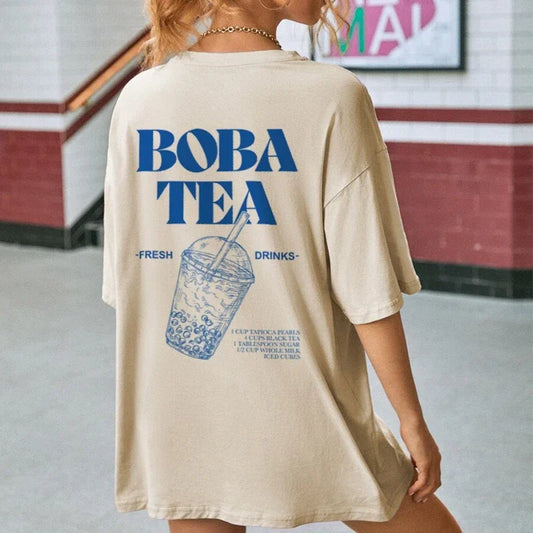 Camiseta con estampado trasero de Boba Tea, camisetas gráficas bonitas de té de burbujas para mujer, camisetas retro estéticas de comida, camisetas unisex sueltas de moda vintage