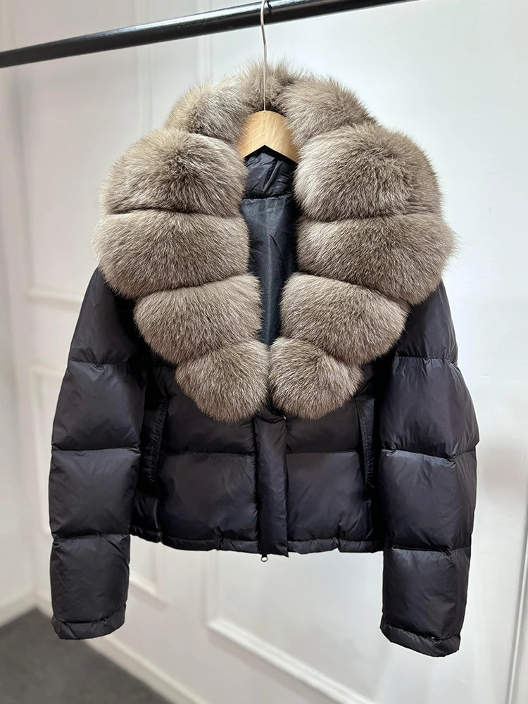 Lagabogy 2025 Abrigo casual cálido de mujer, parka de plumón, abrigo de lujo con cuello de piel de zorro natural, chaqueta de plumón de pato blanco para mujer