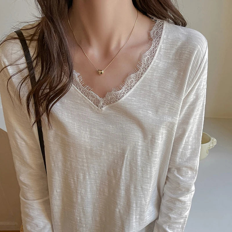 Camiseta Sexy de Encaje con Manga Larga para Mujer, Todo a Juego, Holgada, con Cuello en V, Jersey para Mujer, Primavera Otoño, Blusas Básicas de Color Sólido para Mujer
