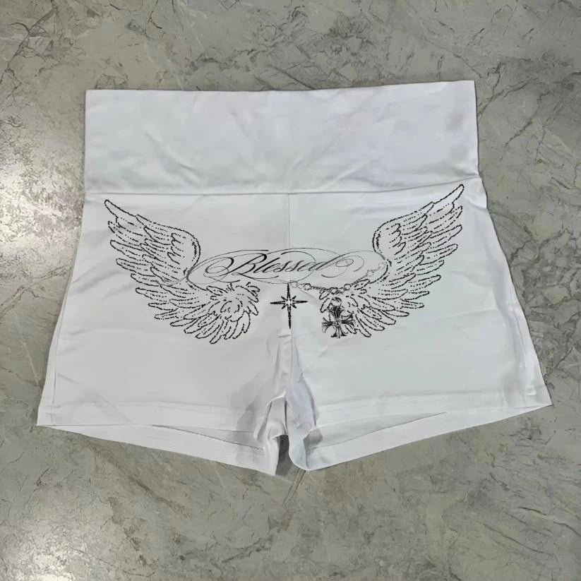 Pantalones cortos de ciclista de cintura alta con estampado de alas de ángel