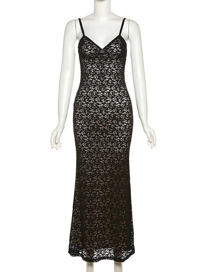 Lace Hollow Out Backless Maxi Dress