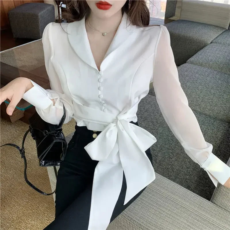 V-neck Bandage Bow Slim Waist Chiffon Blouse