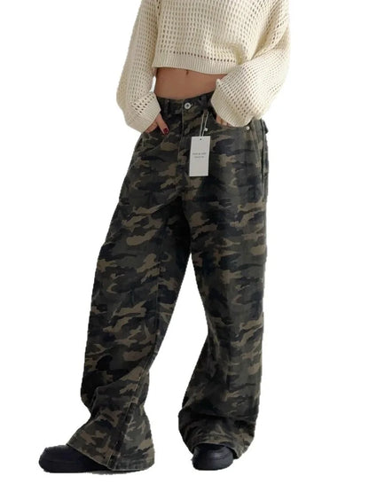 UCXQ Pantalones de camuflaje de estilo coreano otoño invierno para mujer, jeans de pierna ancha de cintura alta con bolsillos, pantalones sueltos que combinan con todo 23Z484