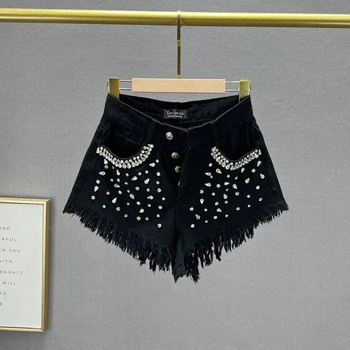 Diamond-Embedded Denim Shorts