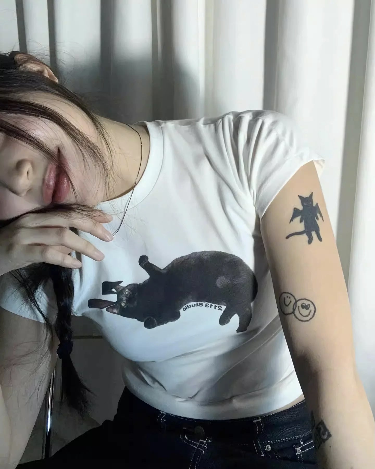 [REコンテナ]Camiseta coreana de moda Y2k Crop Top con lindos estampados de gatos, camiseta Kawaii de manga corta para mujer, camisetas ajustadas