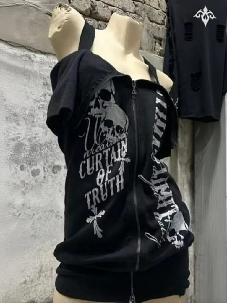 Camiseta de manga corta con cremallera y estampado de calaveras