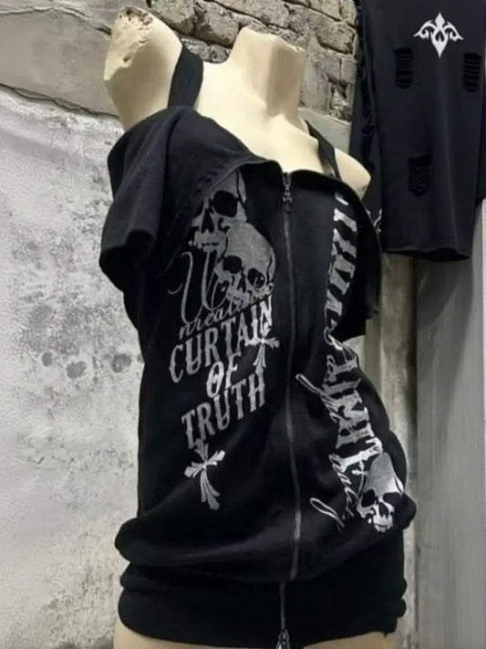 Camiseta de manga corta con cremallera y estampado de calaveras