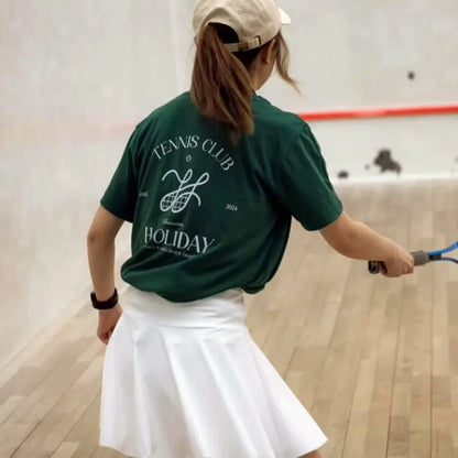 Camisetas de mujer American Vintage Tennis Club con estampado, color verde oscuro, holgadas, de algodón, camisetas de moda Ins de verano de manga corta