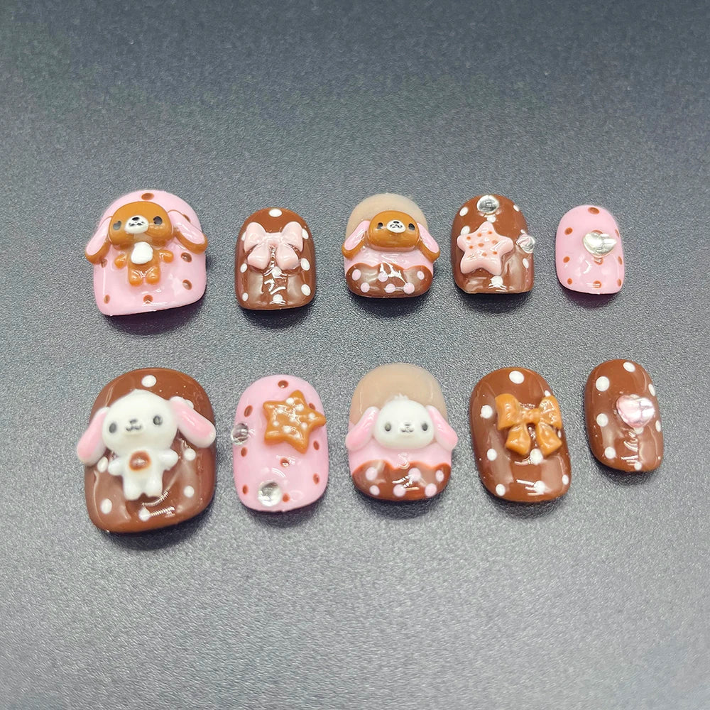 Uñas Postizas Color Chocolate Rosa Conejo