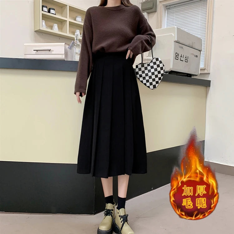 Midi Skirt A-Line Pleated High Waist