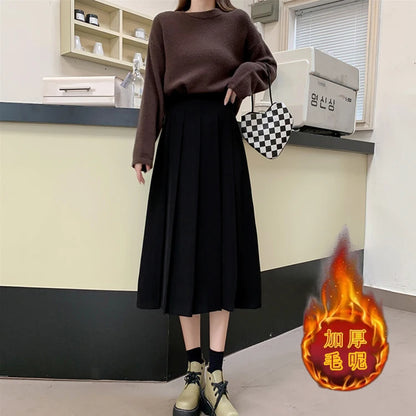 Midi Skirt A-Line Pleated High Waist