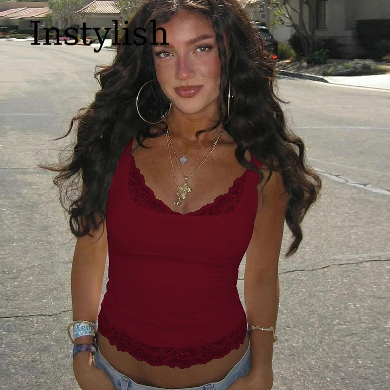 Top corto sin mangas con cuello cuadrado, sin espalda, de encaje con volantes y retazos, sexy y2k a la moda para mujer, ideal para fiestas, vacaciones y verano.