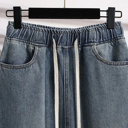 Drawstring Elastic Waist Split Denim Skirt