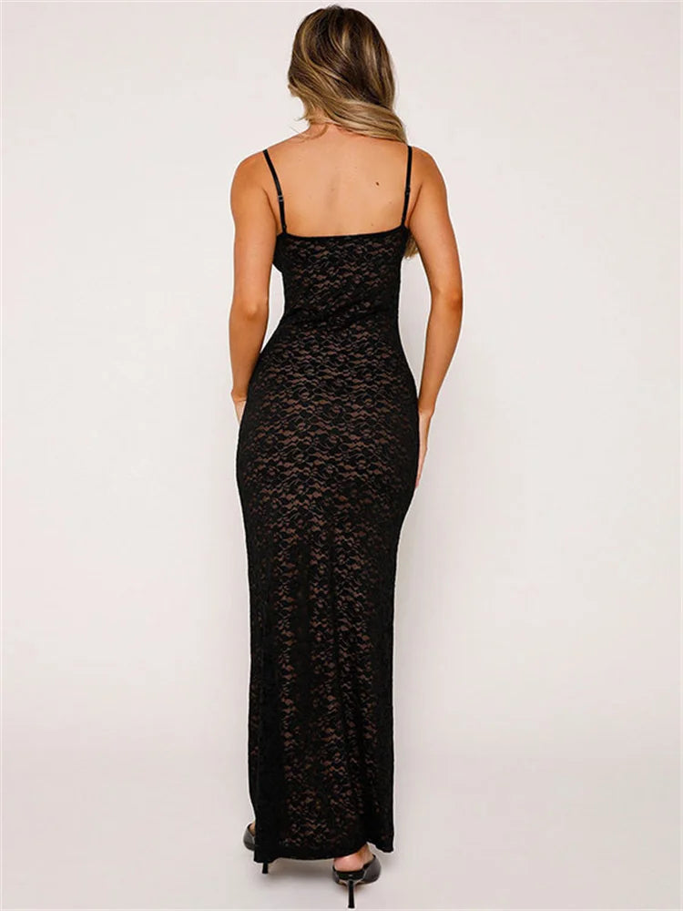 Lace Hollow Out Backless Maxi Dress