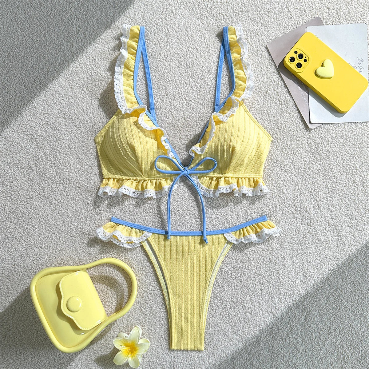 Ruffles Front Tie Lace Patchwork Bikini Set