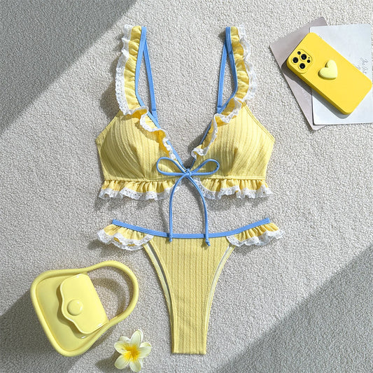 Ruffles Front Tie Lace Patchwork Bikini Set