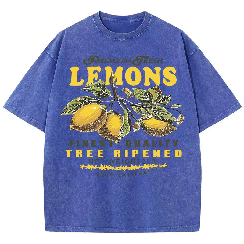 Camisetas lavadas de talla grande con estampado de limones frescos de primera calidad para mujer, camiseta holgada de manga corta cómoda Y2K de algodón que combina con todo