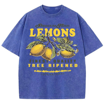Camisetas lavadas de talla grande con estampado de limones frescos de primera calidad para mujer, camiseta holgada de manga corta cómoda Y2K de algodón que combina con todo