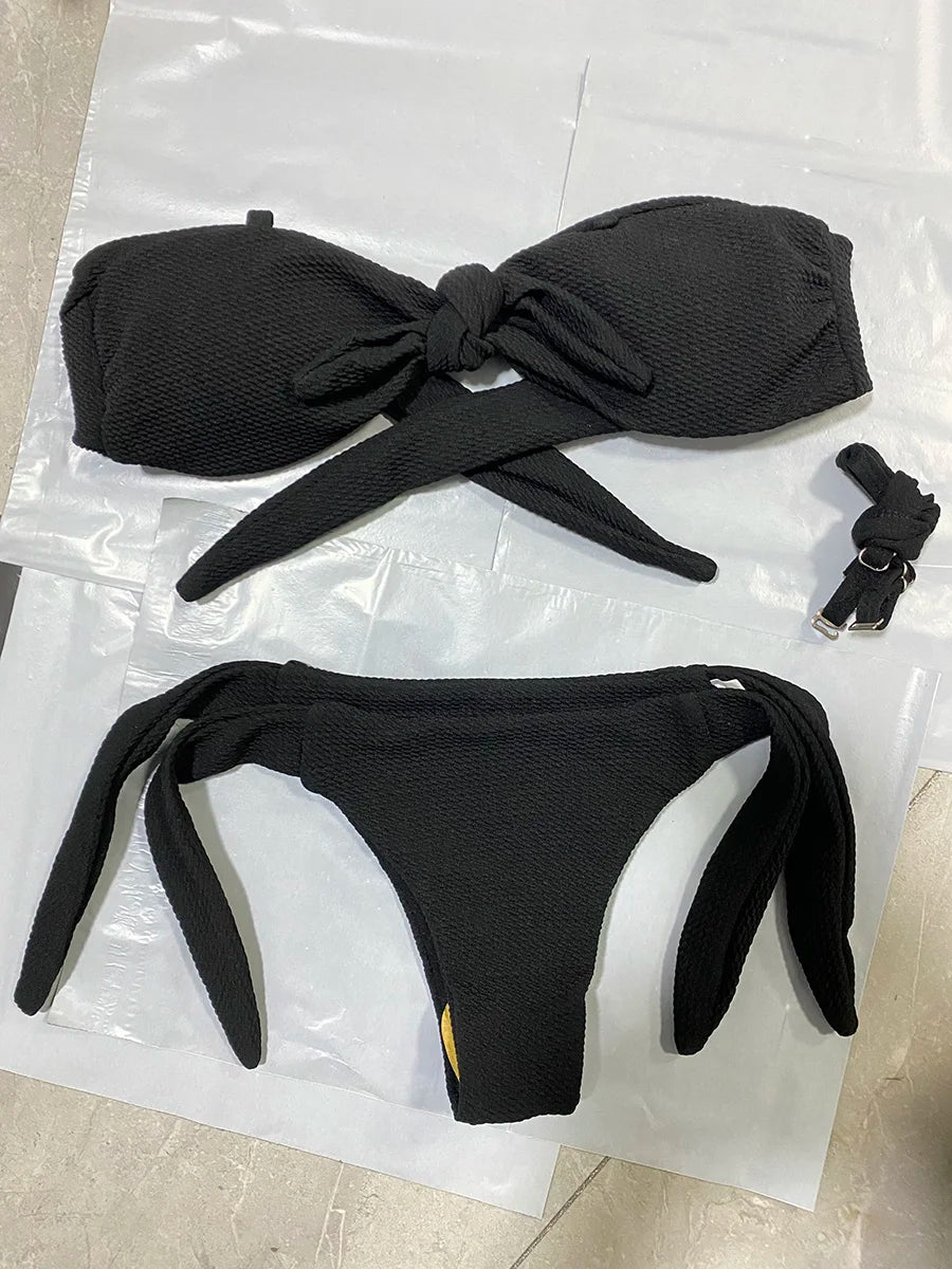 Ribbed Knotted Polka Dot Bikini