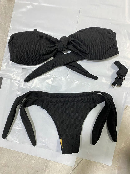Ribbed Knotted Polka Dot Bikini