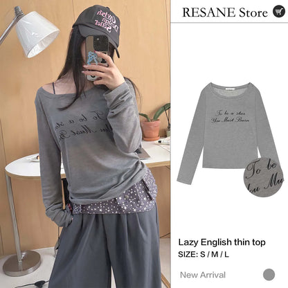 Letter Print Relaxed Fit Long Sleeve sun-protective shirt Fitted Top