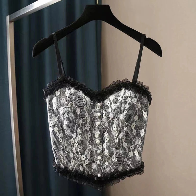 French Print Lace Cami Crop Tank Top