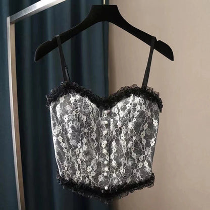 French Print Lace Cami Crop Tank Top