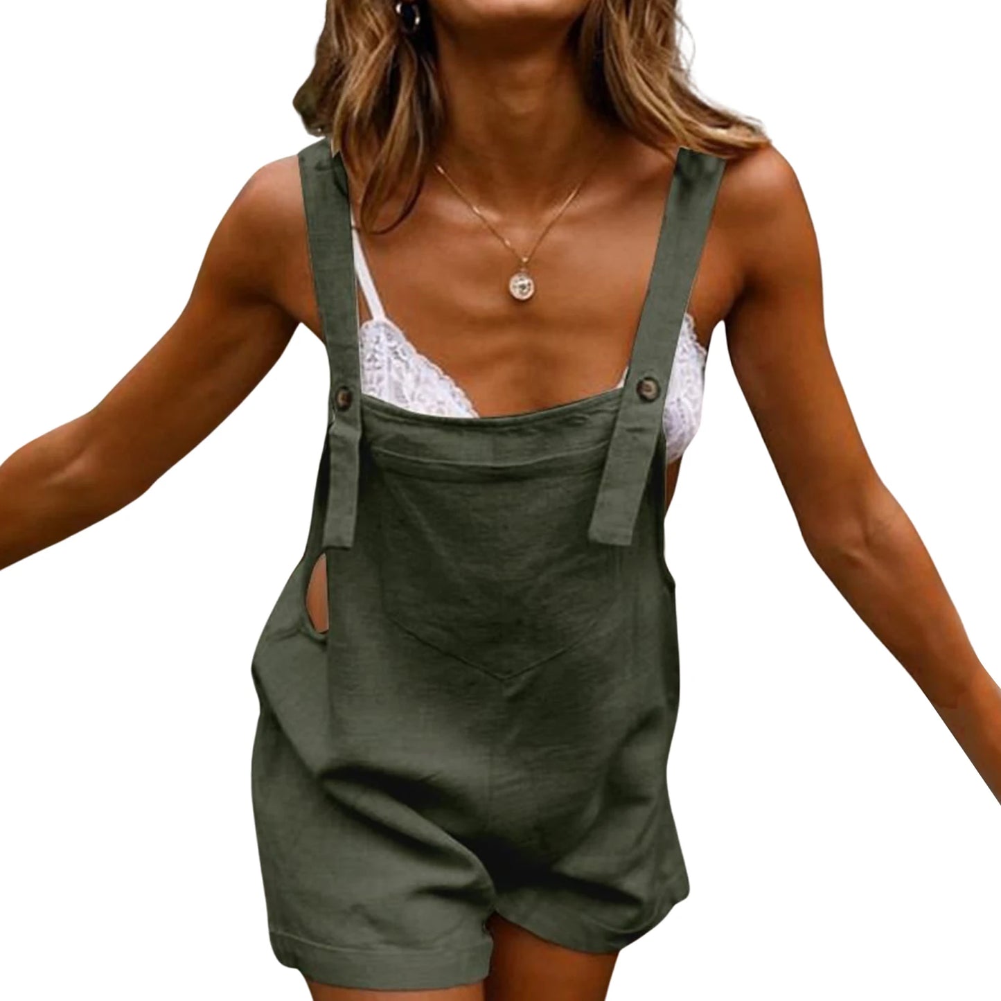 Sleeveless Square Collar Button Suspender Shorts