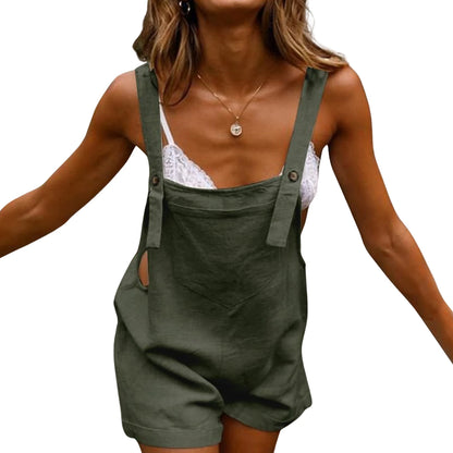 Sleeveless Square Collar Button Suspender Shorts