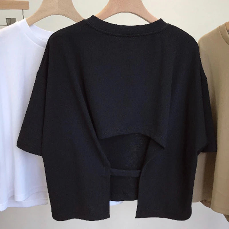 Backless Short O-Neck Solid Color T-Shirt