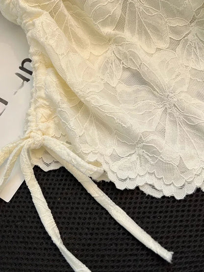 Short Sleeve Draw String Jacquard Crop Top