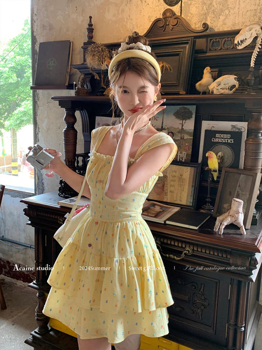 Polka Dot Square Collar Waist Cinched A-line Suspender Dress