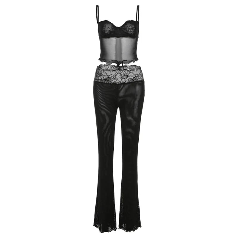 Conjunto de 2 piezas de malla transparente con estampado de leopardo y encaje.