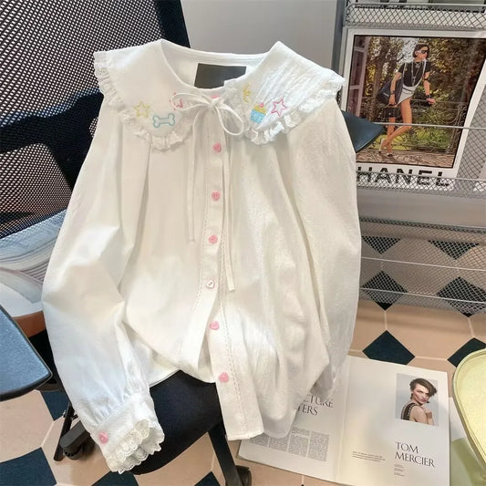 Blusas Lolita Kawaii Lindas Japonesas Mujer Vintage Dulce Colegiala Encaje Cuello Peter Pan Camisas Bordadas Primavera Y2k Tops Mujer
