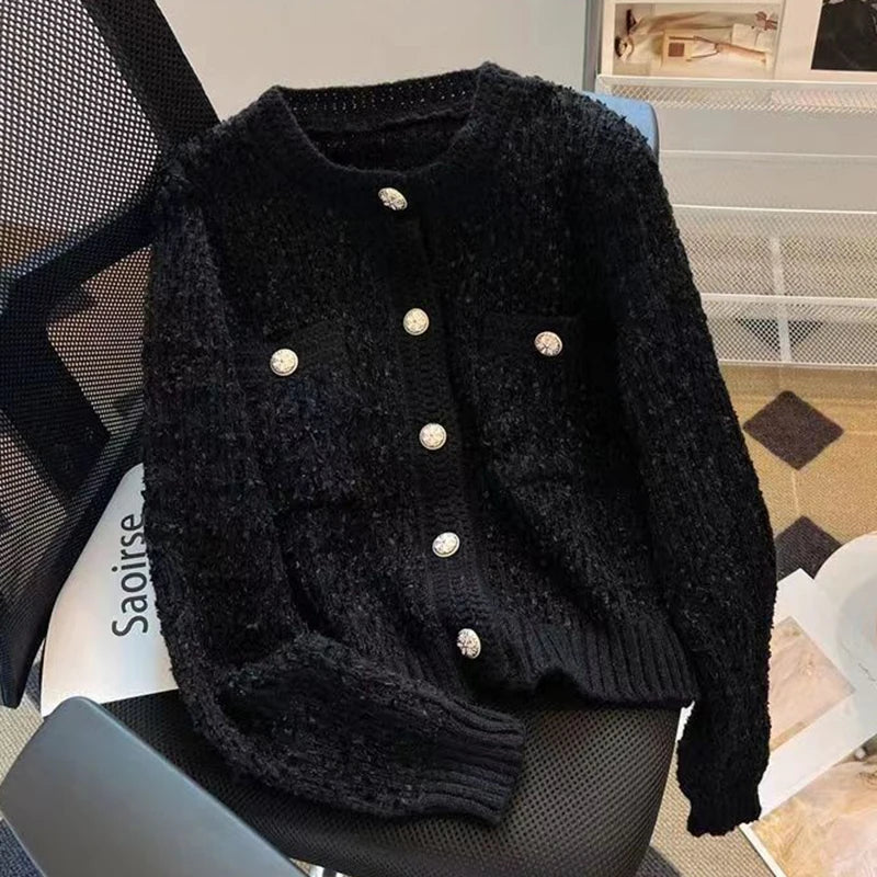 Cárdigan de punto grueso de manga larga para mujer, cuello redondo, un solo botón, Otoño-Invierno 2025, Moda Coreana